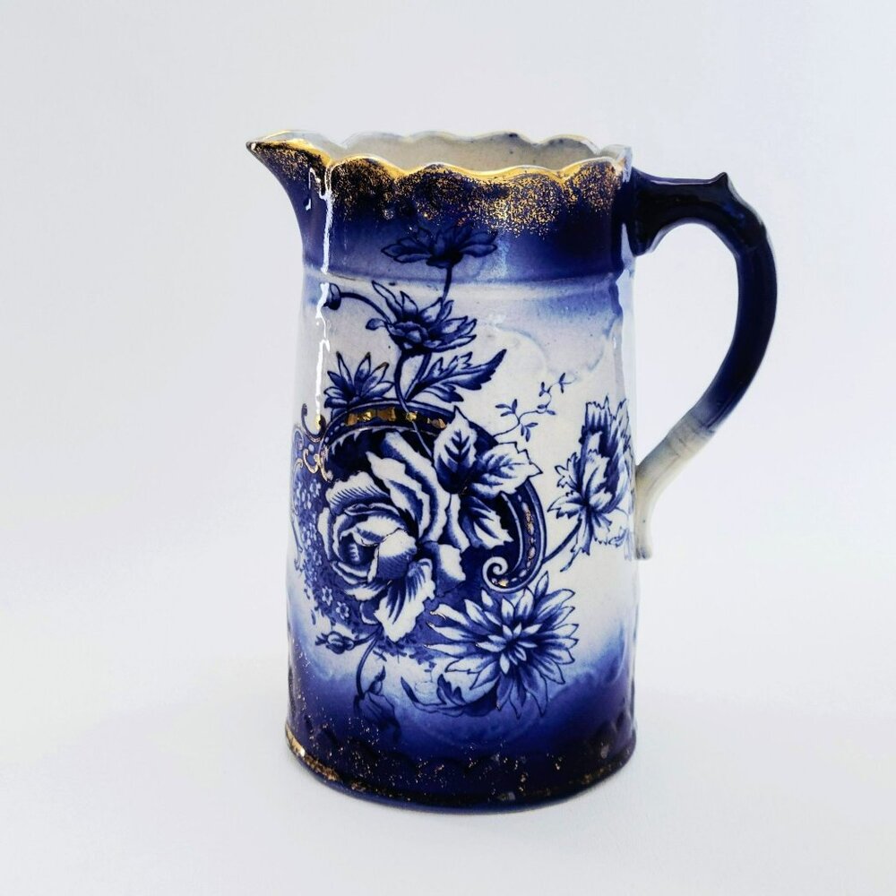 Antique Flow Blue Floral Water Pitcher, Embossed, Gold Accents, Victorian Decor